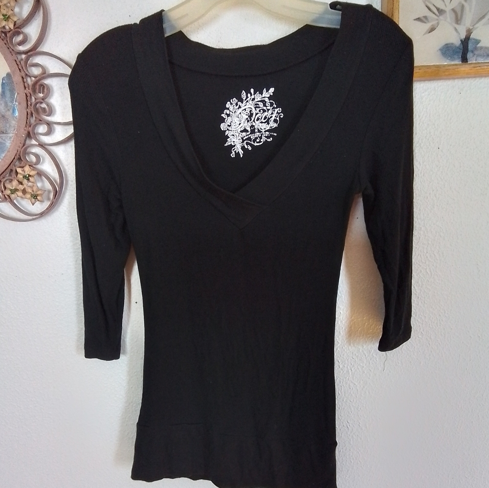 POOF AUTHENTIC BRAND V-NECK BLACK TOP, 3/4 LENGTH SLEEVES, SMALL